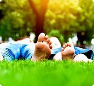 A photograph of fresh cut grass and two people relaxing